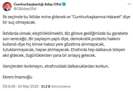 Ekrem İmamoğlu'ndan yeni açıklama: 'Cumhurbaşkanına hakaret diye bir suç olmayacak'
