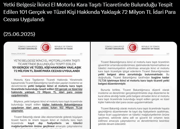 Bakanlık ikinci el otomobil satışı yapanların peşine düştü: 72 milyon Türk Lirası idari para ceza kesti