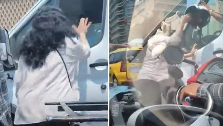 'Beni sıkıştırdın' diyen kadın sürücü kamyonet şoförüne kaskla saldırdı