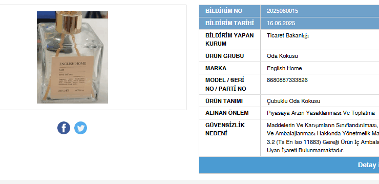 English Home'da satılan bir oda kokusu toplatılıyor