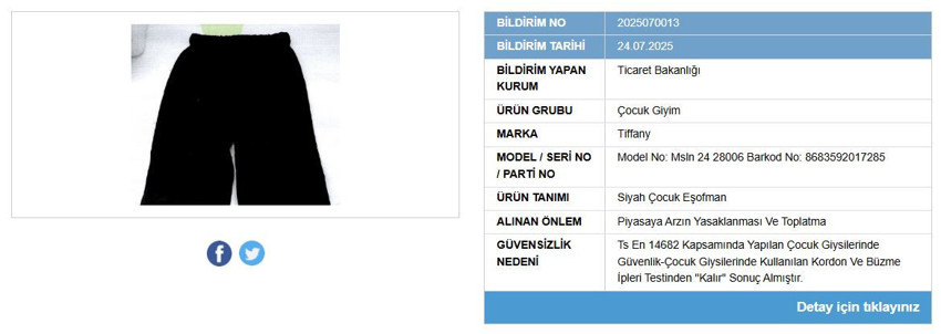 Bakanlık duyurdu: Bir çocuk giyim ürününün satışı yasaklandı - Resim : 1