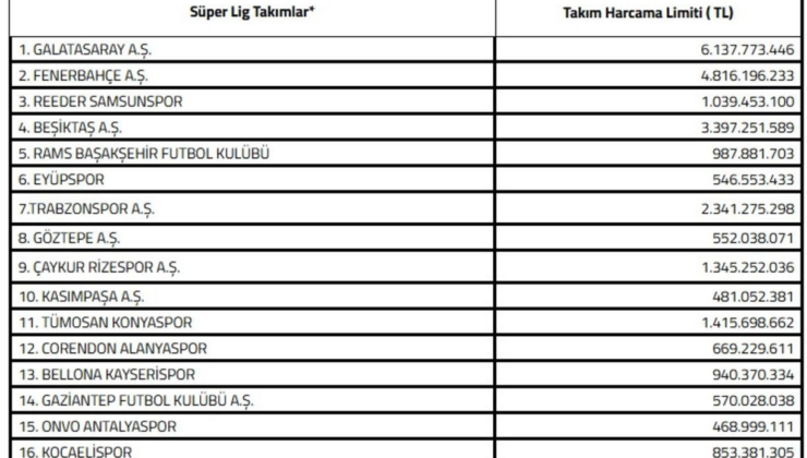 Süper Lig'de yeni sezon harcama limitleri belli oldu