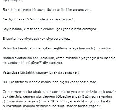 Yangınlarla ilgili açıklamaları tepki çeken bakana yanıt: 'Vatandaşa küstahlık yapmayı bırak da cevap ver'