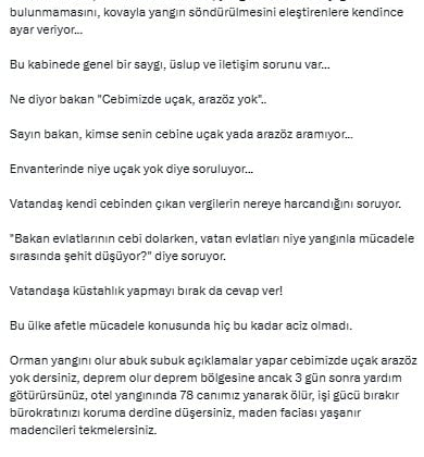 Yangınlarla ilgili açıklamaları tepki çeken bakana yanıt: 'Vatandaşa küstahlık yapmayı bırak da cevap ver'