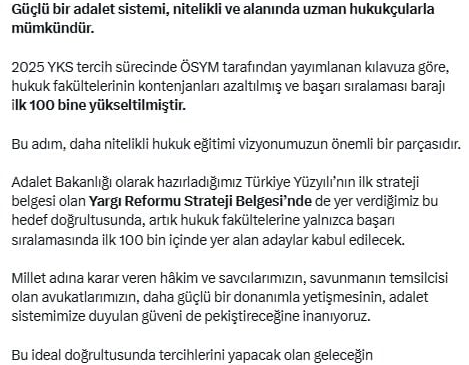 Adalet Bakanı Yılmaz Tunç hukuk fakültelerine girişte yeni şartı açıkladı