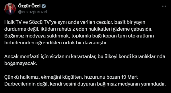 Özgür Özel'den Sözcü'ye destek