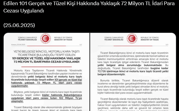 Bakanlık ikinci el otomobil satışı yapanların peşine düştü: 72 milyon Türk Lirası idari para ceza kesti