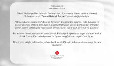 Şırnak Belediyesi'nden Devlet Bahçeli'ye jest! Oraya adını verdi