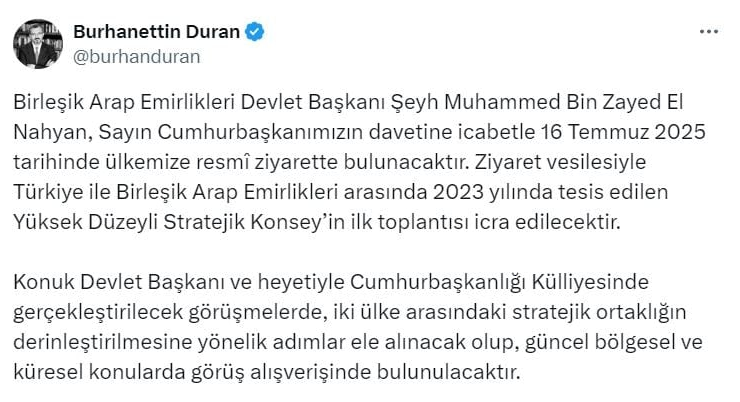 BAE lideri El Nahyan, Türkiye'ye geliyor