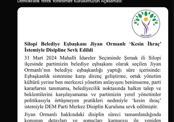 DEM Parti'den dikkat çeken hamle: Belediye Başkanı Ormanlı ‘kesin ihraç’ istemiyle disipline sevk edildi