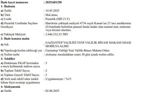 Sadece olağanüstü durumlarda kullanılabiliyor, Valilik mobilya almak için o yöntemi kullandı