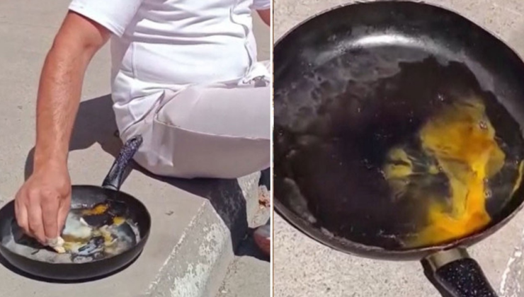 Pendik'te 40 derecede yumurta pişirdi, çayla afiyetle yedi