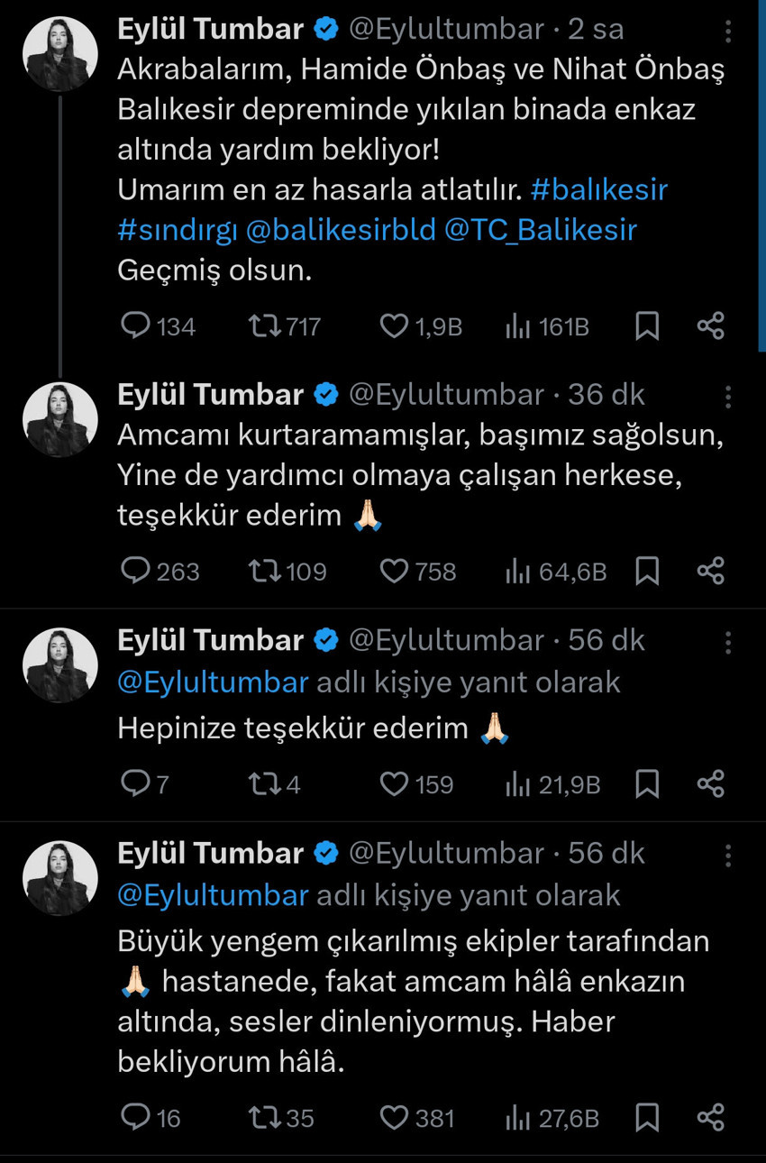 Balıkesir depreminde ölen kişi oyuncu Eylül Tumbar'ın amcası çıktı - Resim : 1