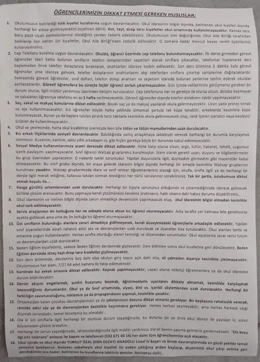 18 maddelik okul kuralları listesi! Düzce Valiliği soruşturma başlattı - Resim : 1