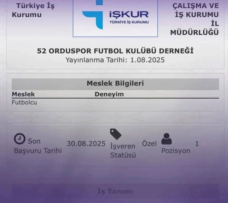İŞKUR'da sıra dışı ilan: 52 Orduspor futbolcu aranıyor! - Resim : 1