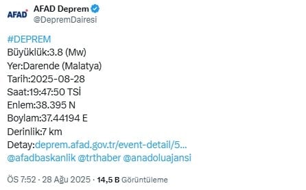 Malatya'da endişelendiren deprem