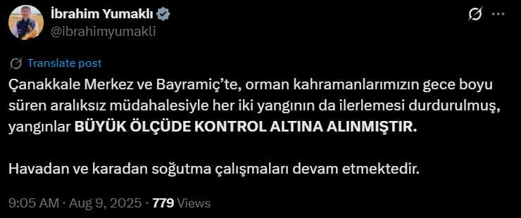 Çanakkale'de yangın saatlerdir sürüyor! Bakan Yumaklı'dan yeni açıklama