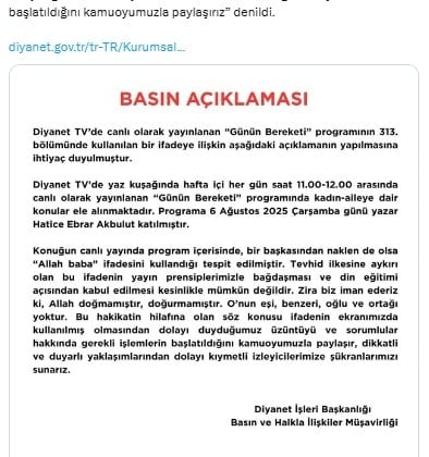 Diyanet'ten programda kullanılan "Allah baba" ifadesine ilişkin açıklama: İşlem başlatıldı