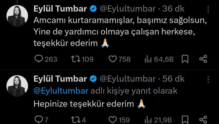 Balıkesir depreminde ölen kişi oyuncu Eylül Tumbar'ın amcası çıktı