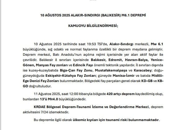 Son Dakika… Balıkesir depremi sonrası Kandilli'den tsunami açıklaması