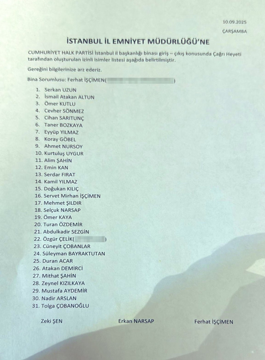 CHP İstanbul İl Başkanlığı'na kayyum olarak atanan Gürsel Tekin'in 31 kişilik "izin listesi" ortaya çıktı - Resim : 1