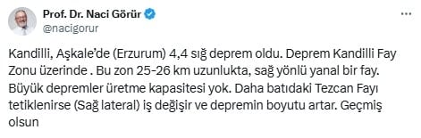 Naci Görür'den Erzurum depremi sonrası yeni uyarı