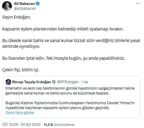 Ali Babacan’dan Erdoğan’a çağrı: “Sanal kumarın fişini çekin”