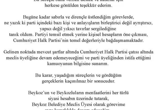 Son dakika… Beykoz'da bir istifa daha: CHP'li Meclis üyesi sosyal medyadan duyurdu…