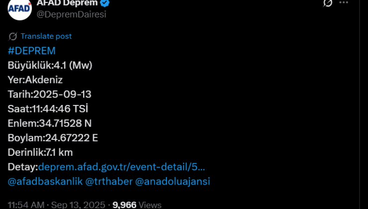 AFAD açıkladı: Akdeniz’de deprem!