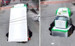 Yol birden çöktü dev kamyonu yuttu