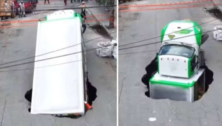 Yol birden çöktü dev kamyonu yuttu