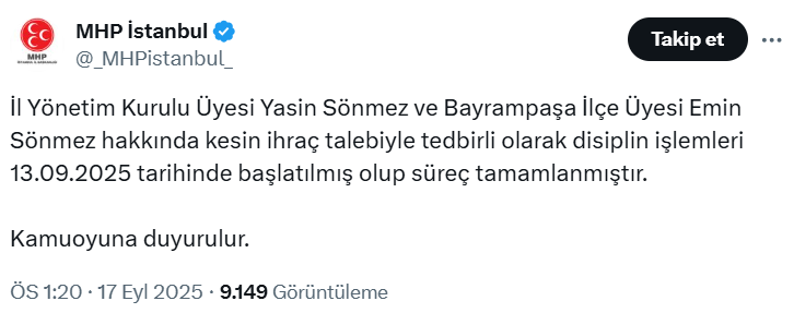 Bayrampaşa'ya yönelik operasyonda gözaltına alınan MHP'li iki isme ihraç