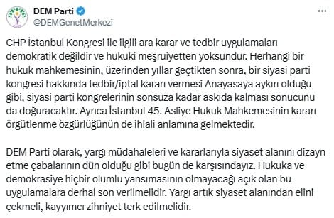 CHP İstanbul İl Kongresi iptaline DEM Parti'den ilk tepki
